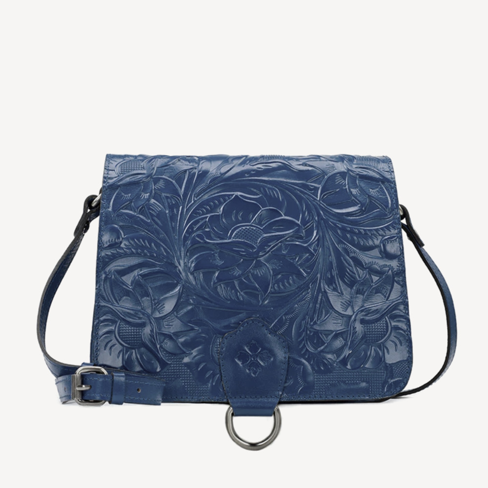 NWT Original PATRICIA NASH Ilina Flap Crossbody Bag Tooled Leather Lapis Blue